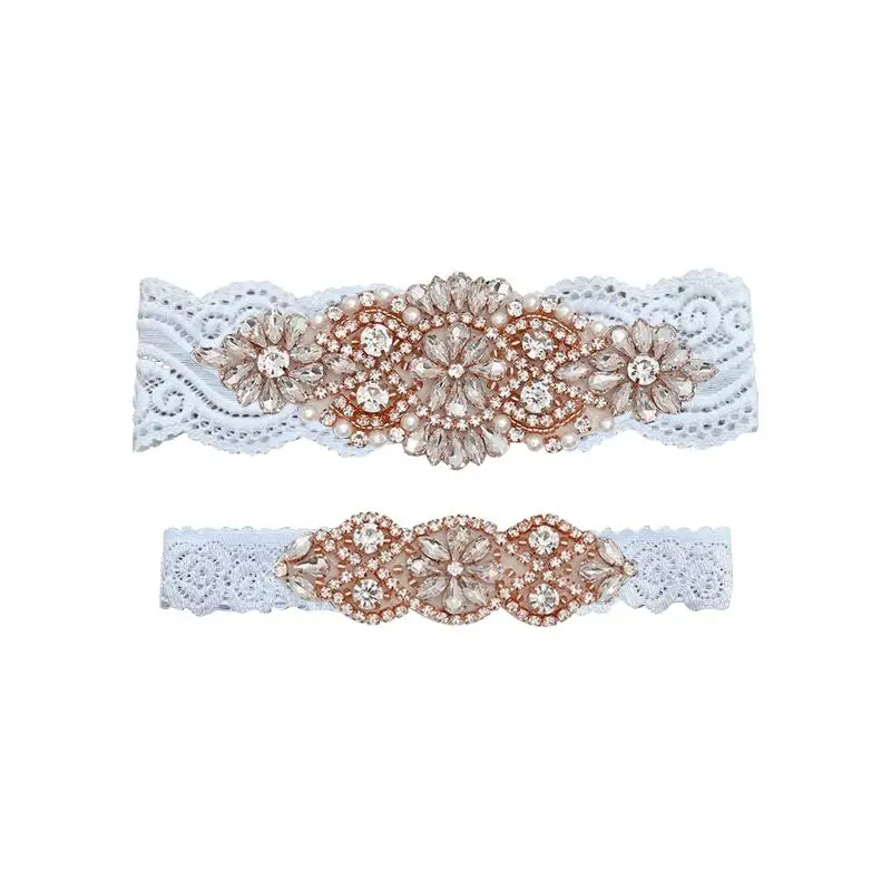 

Wedding Garter Lace Rhinestone Beads Pearls Flower Applique Bridal Stretchy Keepsake Toss Garter White Women Ladies Leg Garter