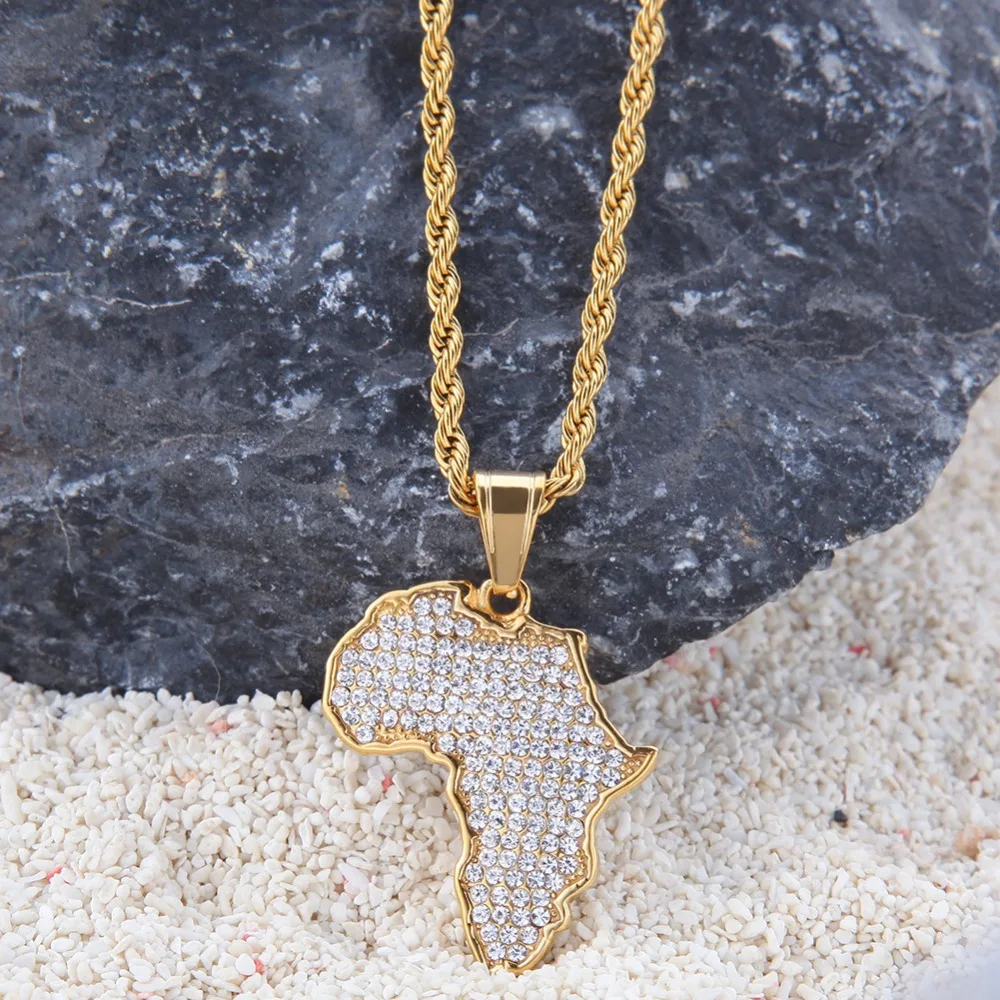 

Men Hip Hop Iced out bling Africa Map Pendant Necklaces Stainless Steel Fashion PoPular Charm Necklace Hiphop jewelry gifts