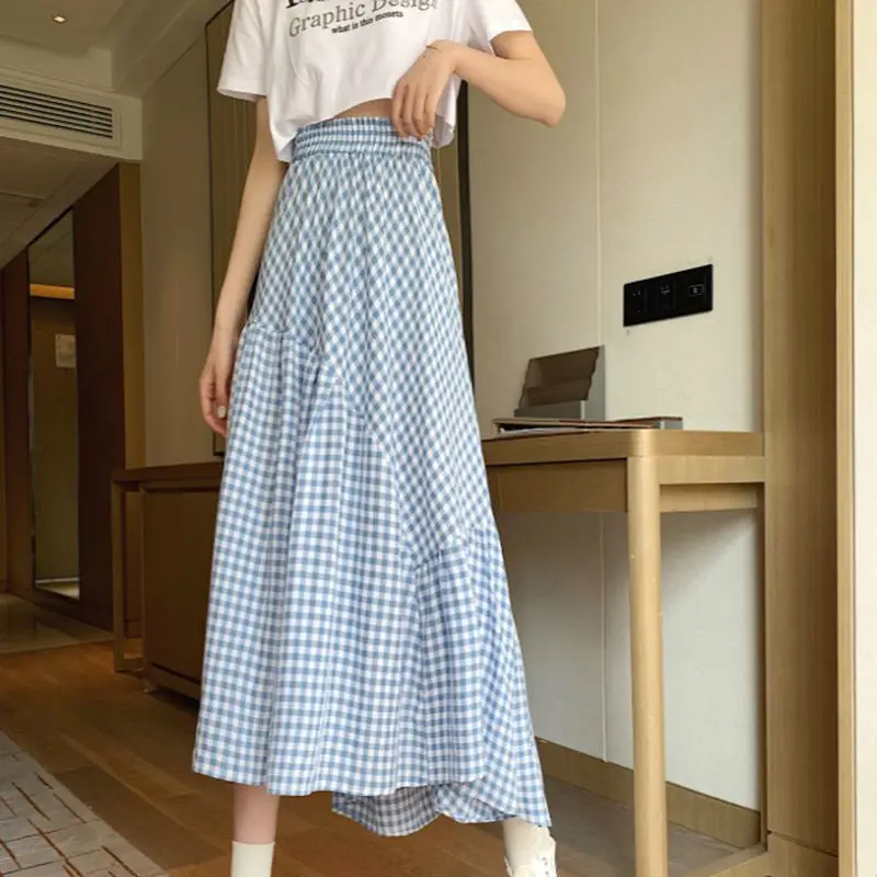 

Summer Korean 2021 new high waist slim design irregular lattice mid length skirt children chic