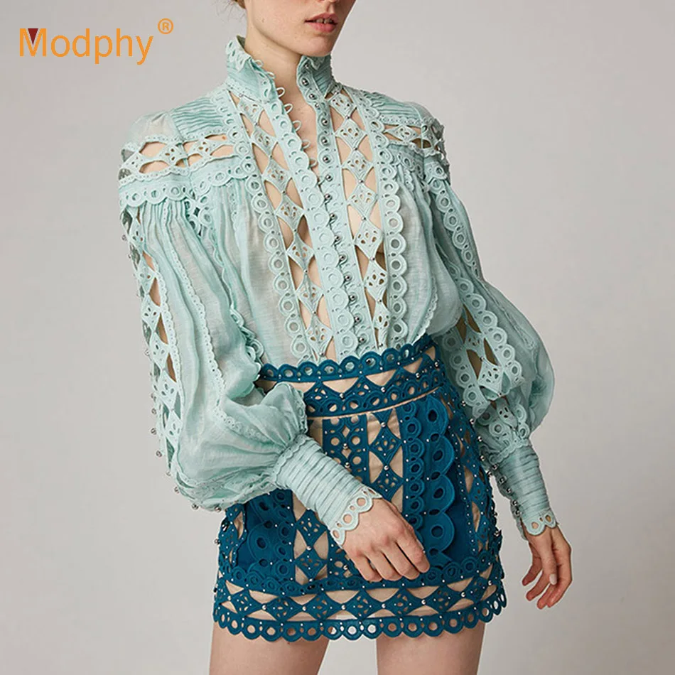 Женская свободная рубашка с длинными рукавами фонариками и воротником