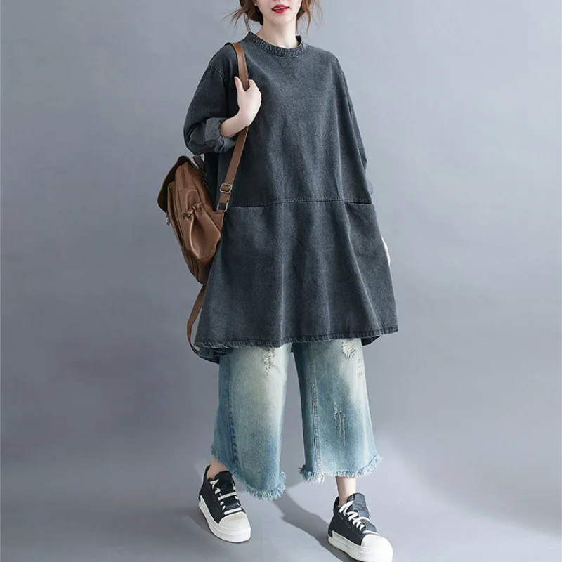 

Large Size Women's Clothing 2021 Spring New Style Fat Girl Slim Fit Slimming Denim Dress Retro Distressed Mid-Length Top