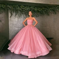 pink vintage elegant prom dresses long ruffles tulle ball gown strapless sleeveless women formal evening homecoming party gowns