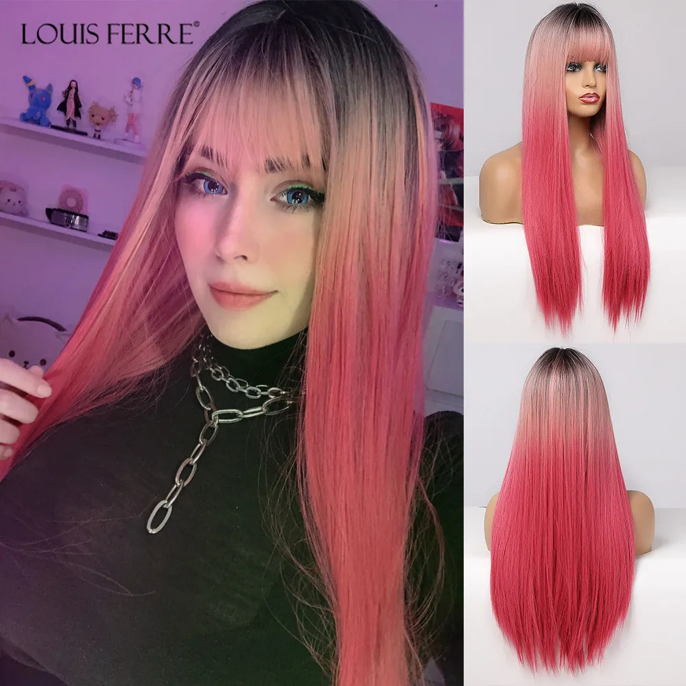 

LOUIS FERRE Black Pink Red Wigs Cosplay Long Straight Ombre Synthetic Wig With Bangs for Black Women Afro Heat Resistant Fibre