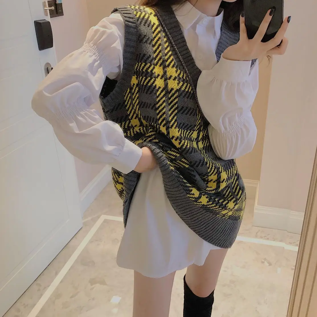 Костюм вязаный жилет с v образным вырезом для девочек 2020 г. Осенний Свободный в