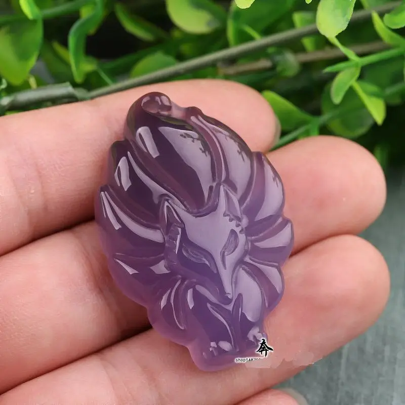 Натуральный фиолетовый сердолический амулет кююби кицунэ ручной резной гумихо