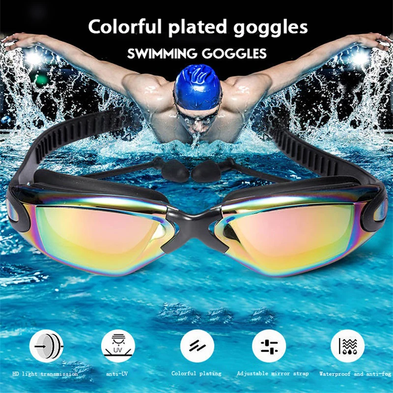 

Professional Swimming Goggles Swimming Glasses with Earplugs Nose Clip Electroplate Waterproof Silicone оки для плавания Adluts