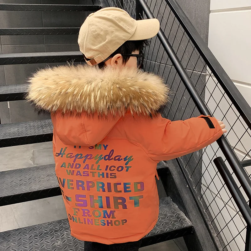 

2020 Children's Clothing Snow Winter Down Jacket Korean Style Thicken Parka Big Fur Collar Letter Pattern Outerwear 2-4-6 Years