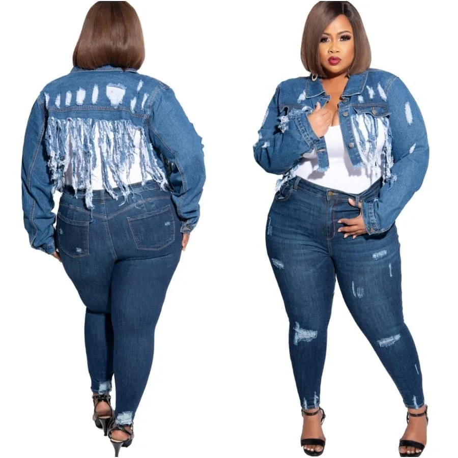 

Newest Plus Size Women Denim Coat XL-5XL Fashion Sexy Lady's Hollow Out Tassels Long Sleeve Autumn Short Jackets For Streetwear