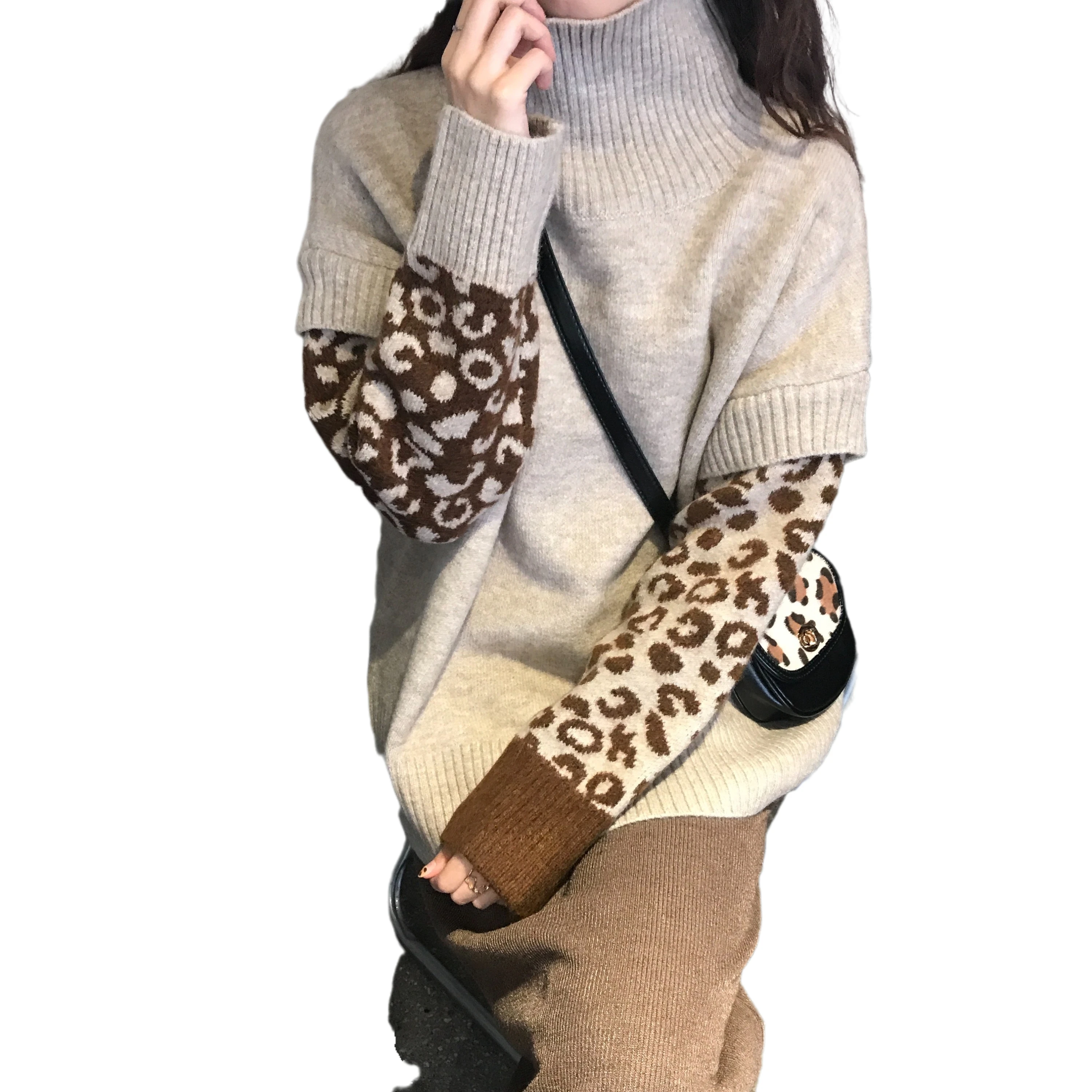 

GIYU Women Tops Long Sleeve Lazy Pullover Sweater 2021 Spring New Fashion Korean Turtle-Neck Patchwork Leopard Blouse Female