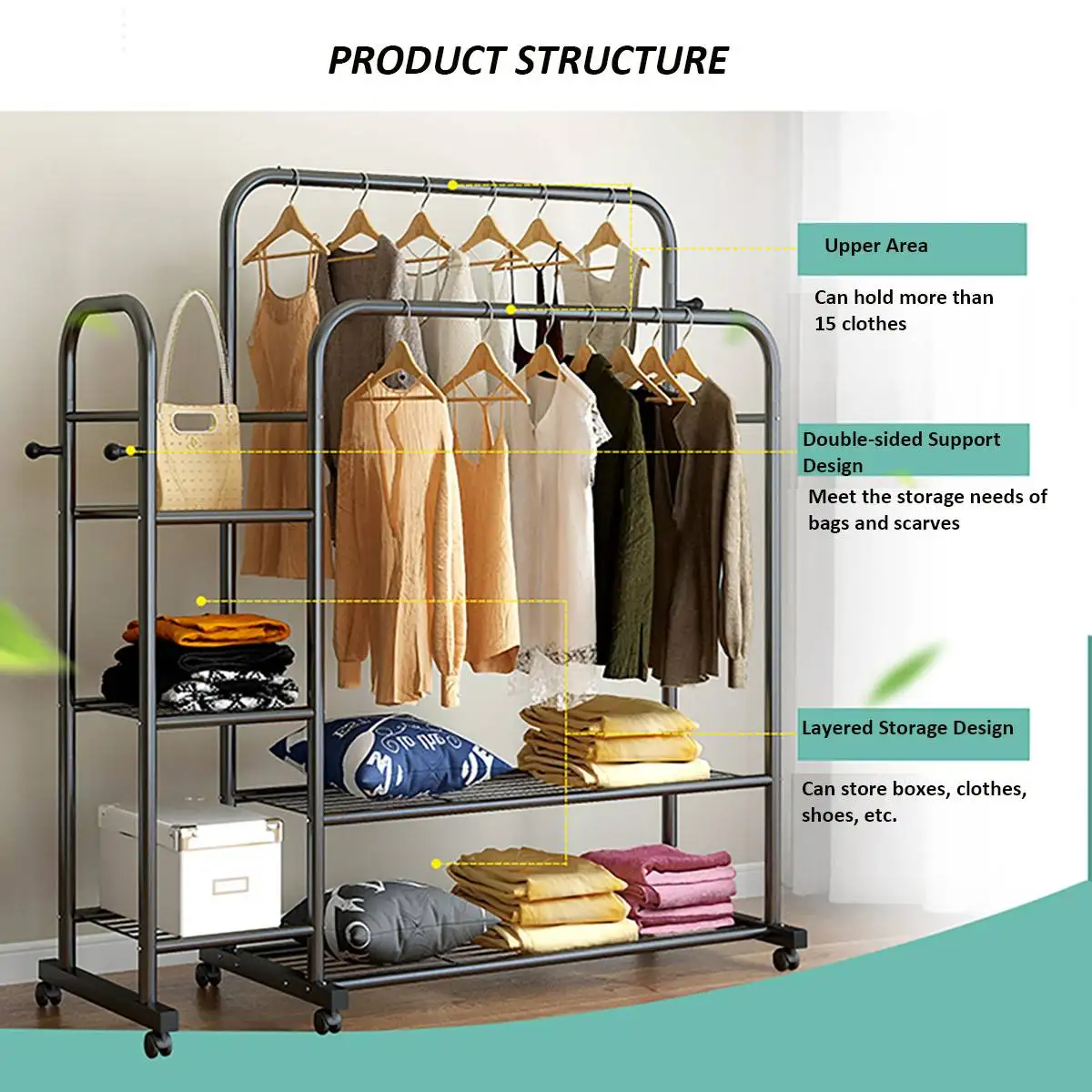 

Free-Standing-Shelves-Hanging-Bar-Wheel-Bedroom-Entryway-Clothing-Racks Metal-Garment-Rack-Closet-Storage-Organizer