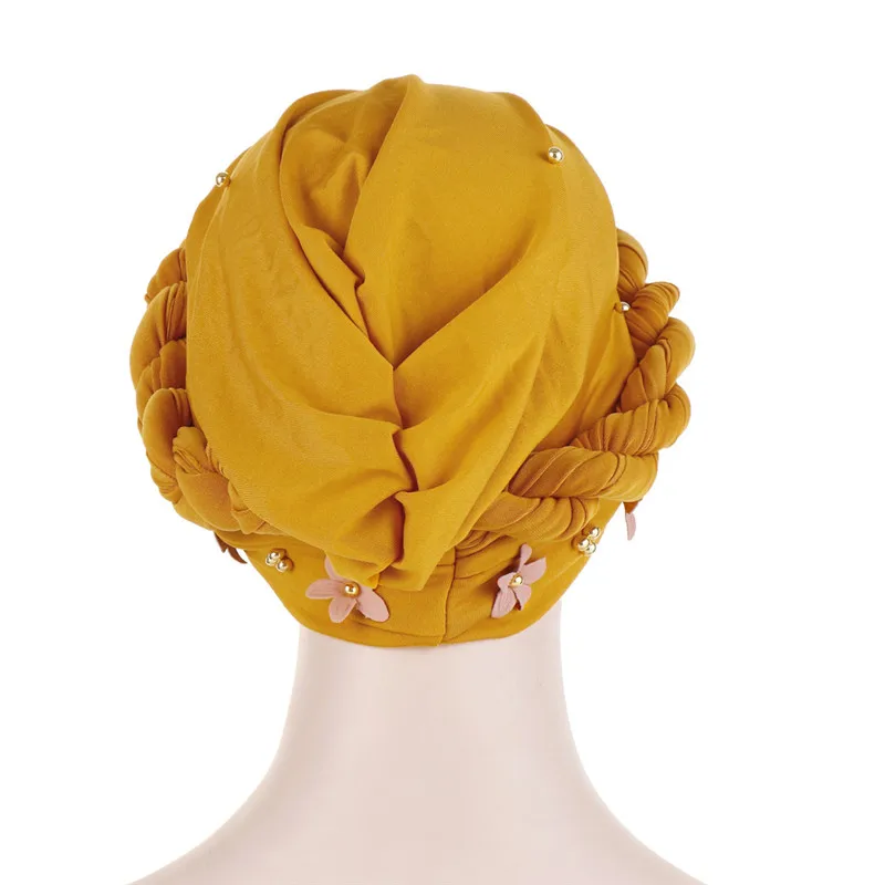 

Gold beads women head scarf twist flowers Inner hijabs cap solid cotton muslim islamic turban bonnet Arab wrap hijab accessories