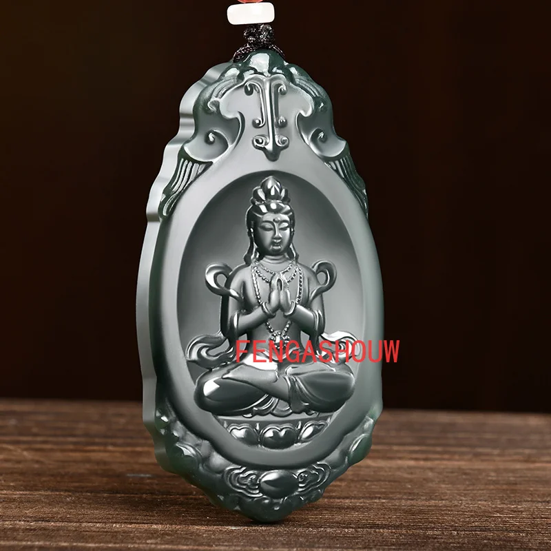 

Natural Jade Cyan Double-sided Engraving Hand-Carved Guanyin Pendant Charm Jewellery Necklace for Men Fashion Accessies