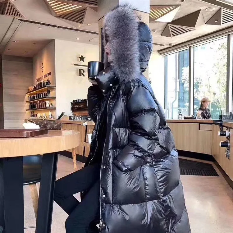 Женский длинный пуховик с меховым воротником черная непродуваемая Повседневная