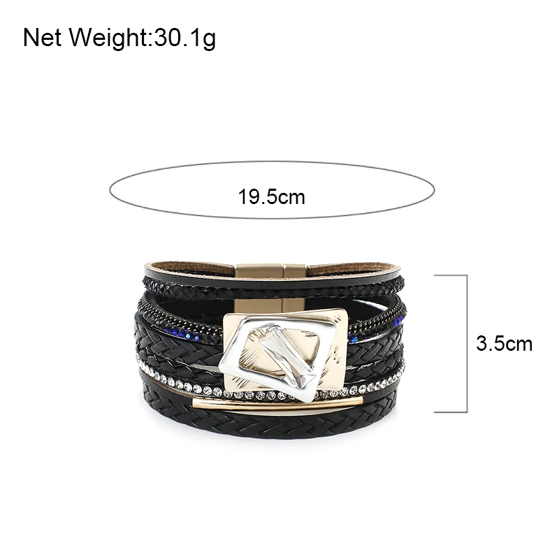 

ALLYES Mulitilayer Braid Leather Bracelets For Women Fashion Square Metal Charms Crystal Trendy Wrap Bracelets Female Bangles