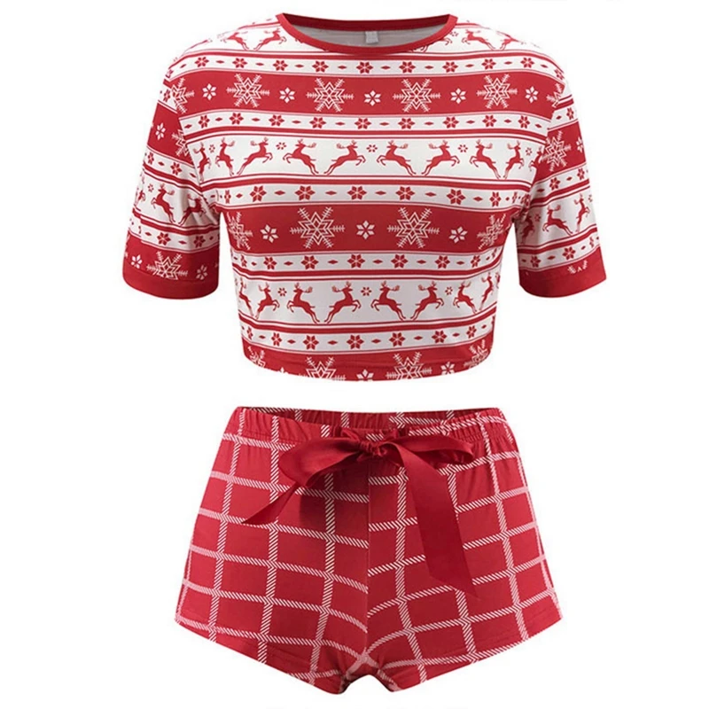 

Women Sexy Christmas 2 Pieces Pajamas Set O-Neck Crop Top Bowknot Mini Shorts Reindeer Snowflake Print Sleepwear Home Loungewear