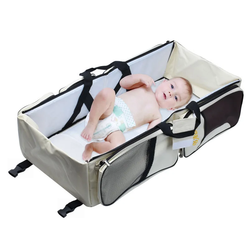 

Multifunctional foldable crib bag outing portable portable mommy shoulder bag travel bed diaper bag backpack with changing bed