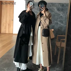 Тренч Женский однобортный, с карманами, однотонный, длинный, большие размеры 3XL, мягкая, для отдыха, для студентов