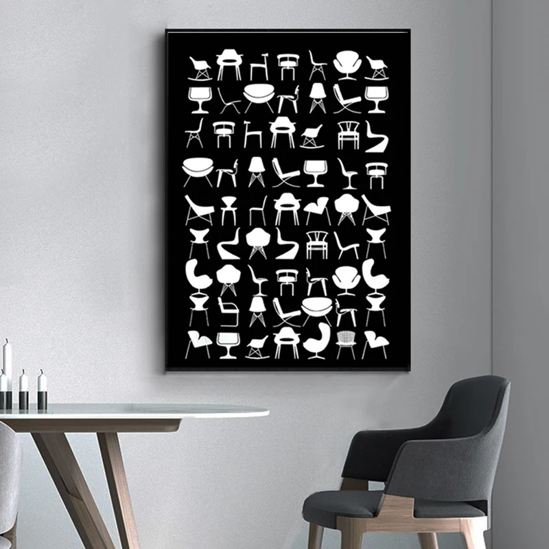 Poster - History Of Chairs - Retro Chairs - Furniture Art - Chair Silhouettes - Iconic Chairs - Barcelona Eames Chairs Can