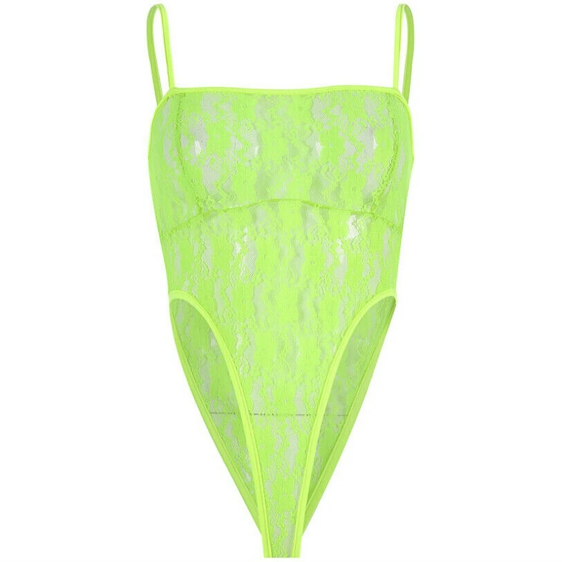 

Zoulv 2021 Full Lace High Cut See Through Bodycon Jumpsuit Bodysuit Sexy Spaghetti Strap Women Mesh Fluorescent Green Romper