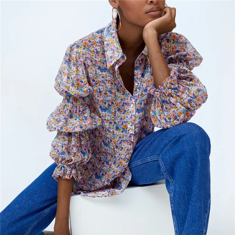

2020 Floral Print Shirt Women Lapel Collar Elastic Smocking Long Sleeve Top Front Button Feminine Casual Summer Long Shirts