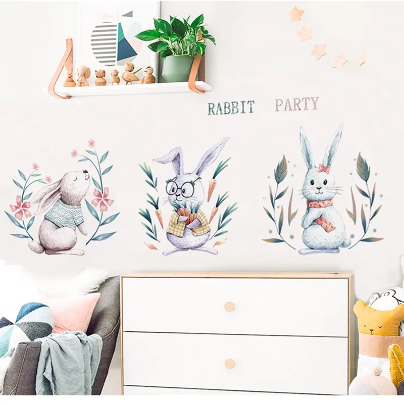

Cute rabbit stickers room bedroom wall decoration decals living room background wallpaper stickers fresh literary wall stickers