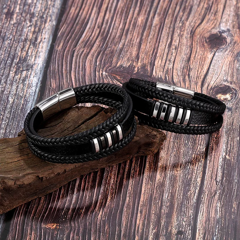 European And American Popular Stainless Steel Leather Bracelet Men's Multilayer Woven | Украшения и аксессуары