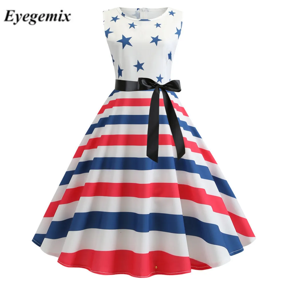 Fashion Summer Dress 2019 Robe Femme O-neck Stars Striped Printed Pinup Vintage 50s 60s Rockabilly Party Dresses Knee Length |