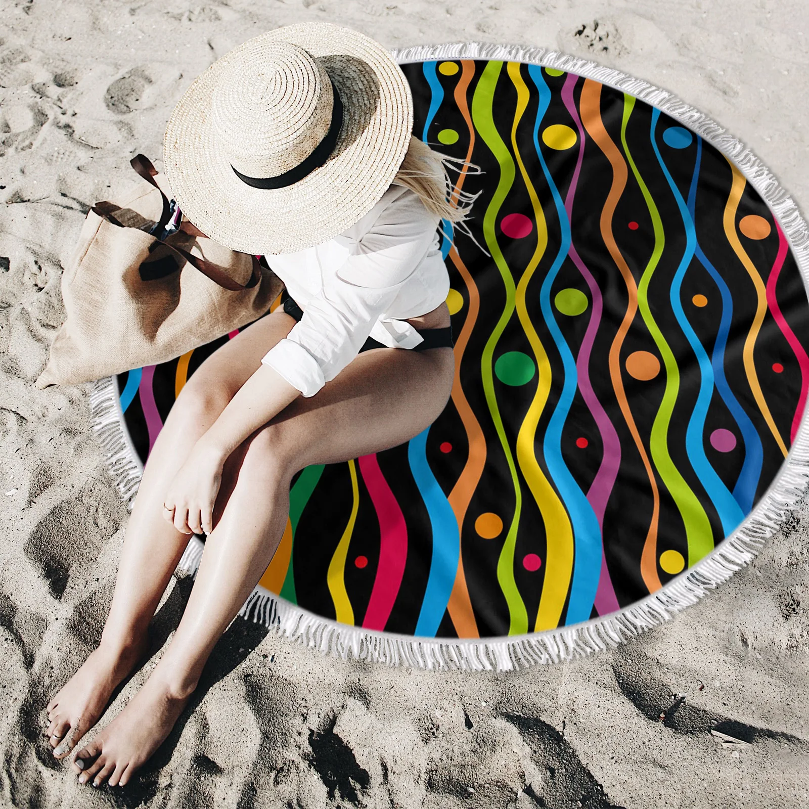 Circular Rainbow Wave Swimming Towel Microfiber Beach Towels Yoga Mat Shawl Round Tassel | Towel/Towel Set