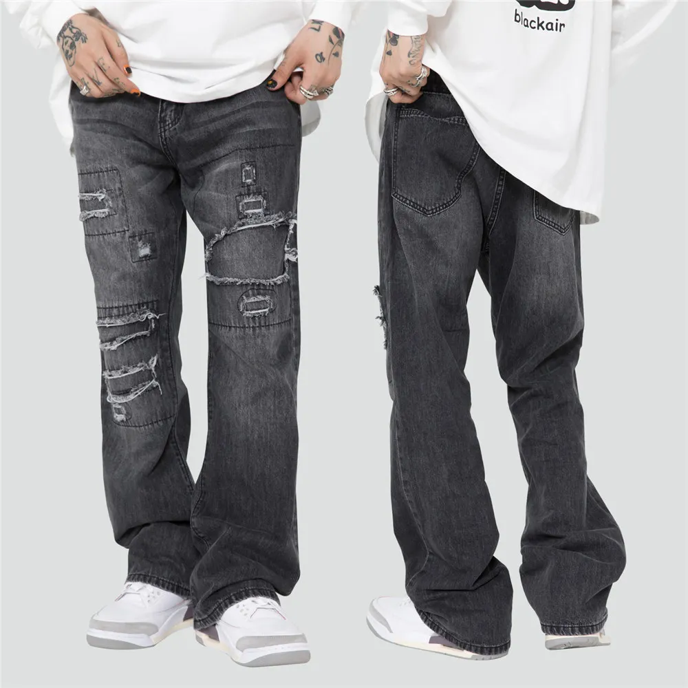 

Jeans Men Washed Grey Disdressed Broken Holes Design Oversized Hip Hop Casual Streetwear Trousers