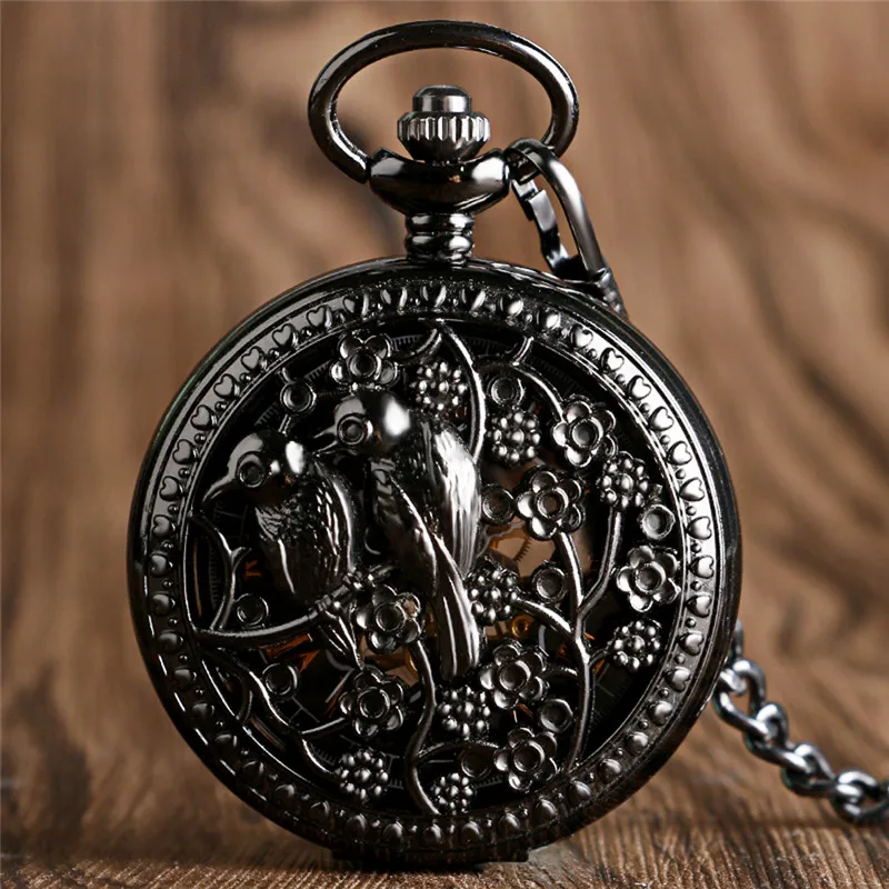 

Antique Pocket Watch Hollow Out Bird Case Unisex Handwinding Mechanical Watches Men Women Black Clock with Pendant Fob Chain