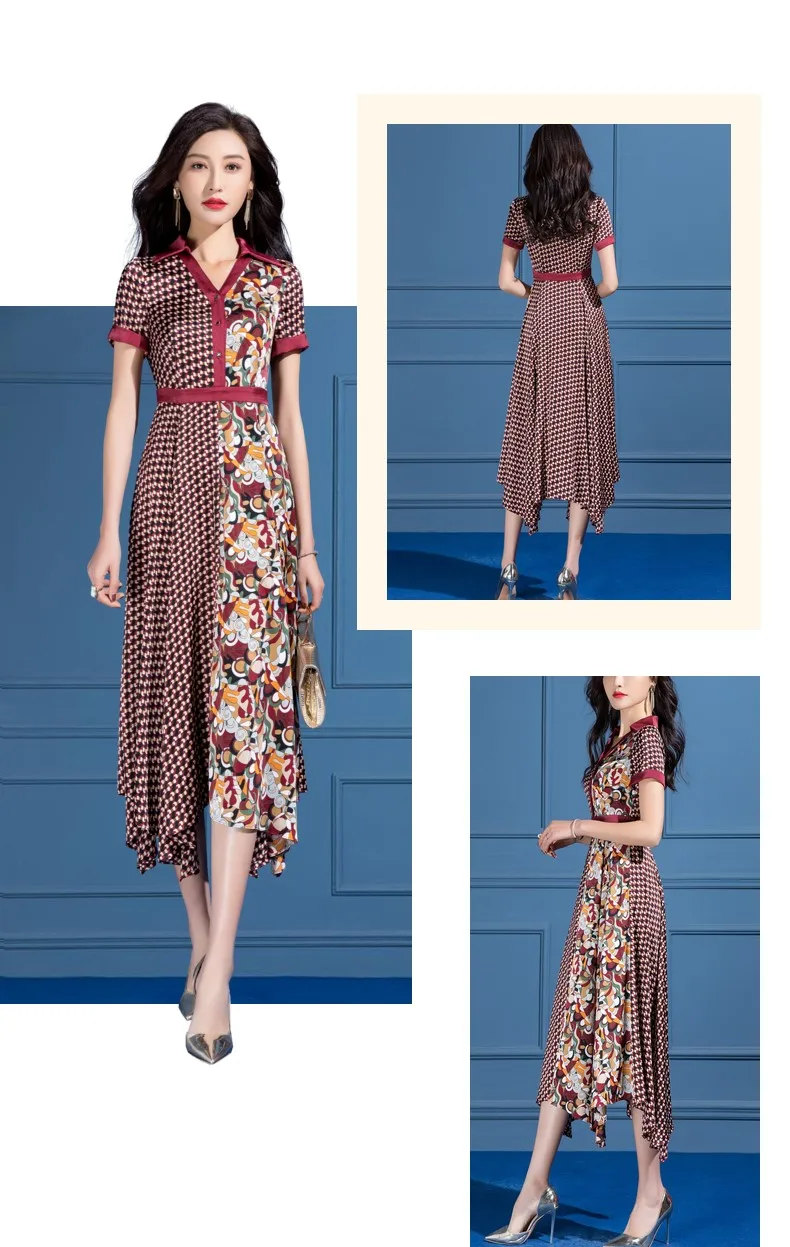 

2021 New Style Chiffon Stitching Shirt Dress Women Summer Elegant Irregular Print