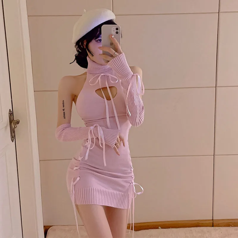 

Sweet and Sexy Knitted Dress Women Turtleneck Ribbon Lace-up Hollow Out Solid Slim Knitting Pullover Dresses