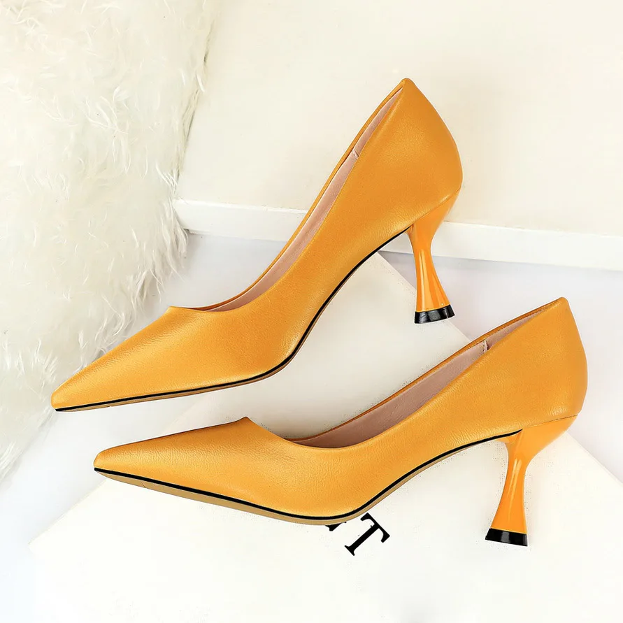 

2020 Women 7cm High Heels Blue Pumps Plus Size 10.5 Pointed Toe Luxury Lady Shoes Low Heels Scarpins Yellow Green Office Pumps