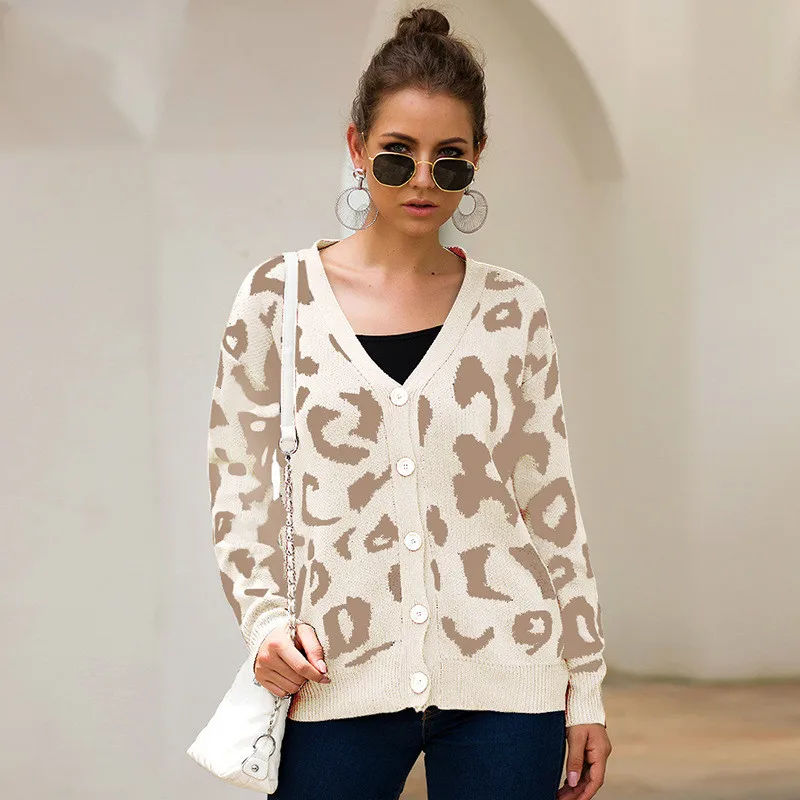 

Leopard Knitted Cardigans 2021 Spring Autumn V Neck Casual Kntting Sweater Jackets Coats Korean Style Office Ladies Kardigan