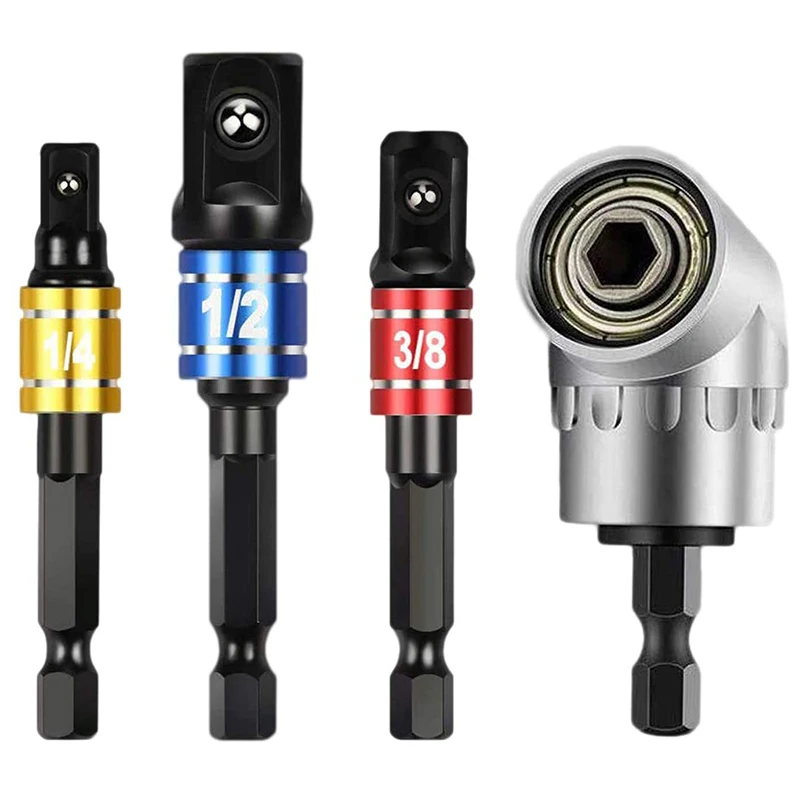 

3pcs Impact Socket Adapter Hex Shank Drill Bit Bar Set 1/4" 3/8" 1/2" Bits + 1pc 105 Degree Right Angle Drill Adapter