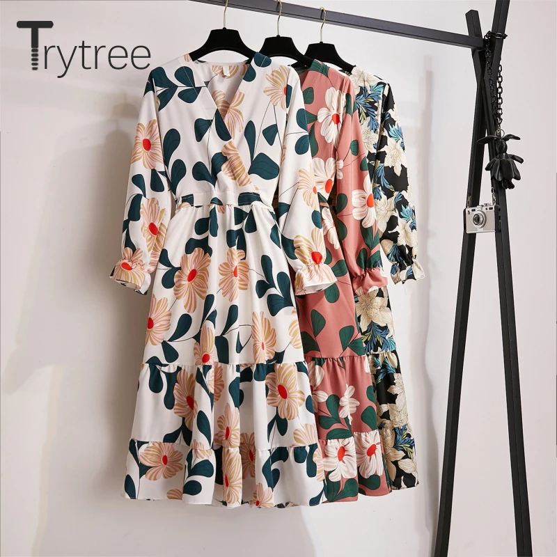 Женское Повседневное платье с v образным вырезом Trytree свободное офисное