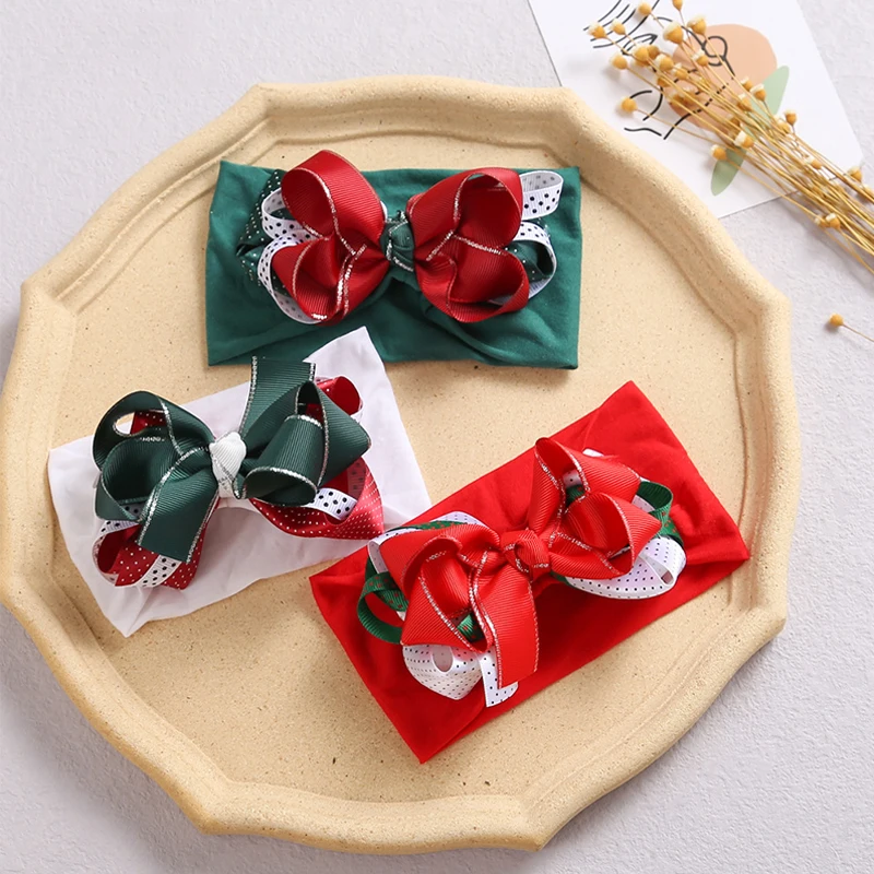 

1pcs Girls Christmas Bow Baby Headband Infant Toddler Headwrap with Ribbon Newborn Baby Hairband Kids Green Red Christmas Gifts