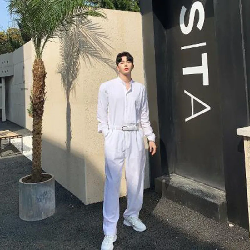 Комбинезон мужской из хлопка и льна белая рубашка с длинным рукавом воротником