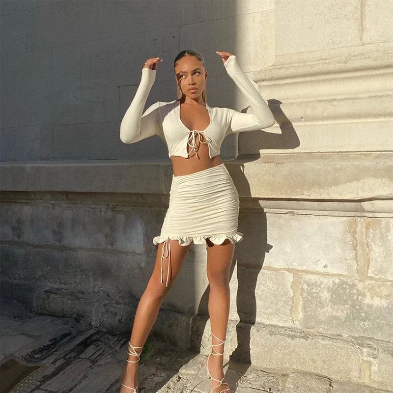 

Элегантный пикантный комплект с юбкой для женщин, облегающий комплект с юбкой с оборками, бандажные суперкороткие топы, уличные костюмы