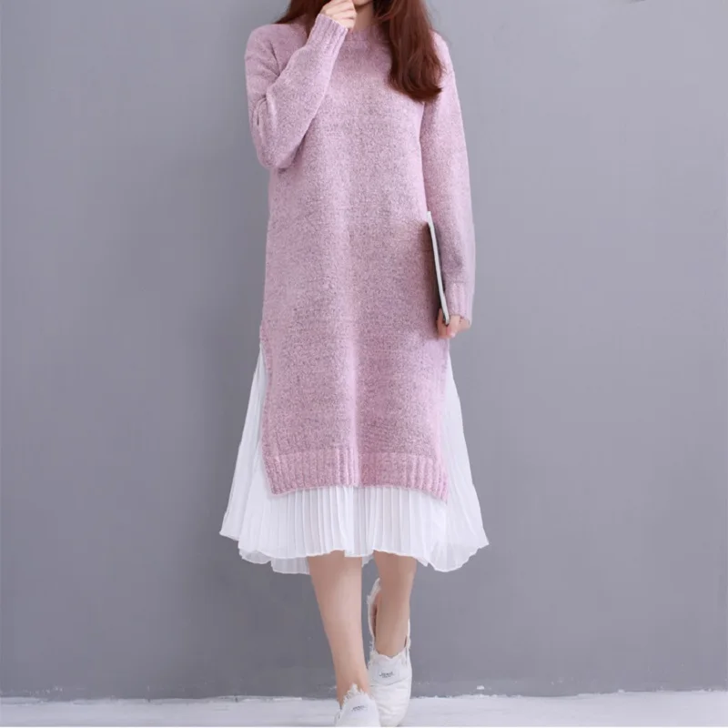 

2021 Spring Autumn Women Midi Dress Round Neck Knitted Chiffon Patchwork Sweater Dress Casual Elegant Long Sleeve Split Dresses