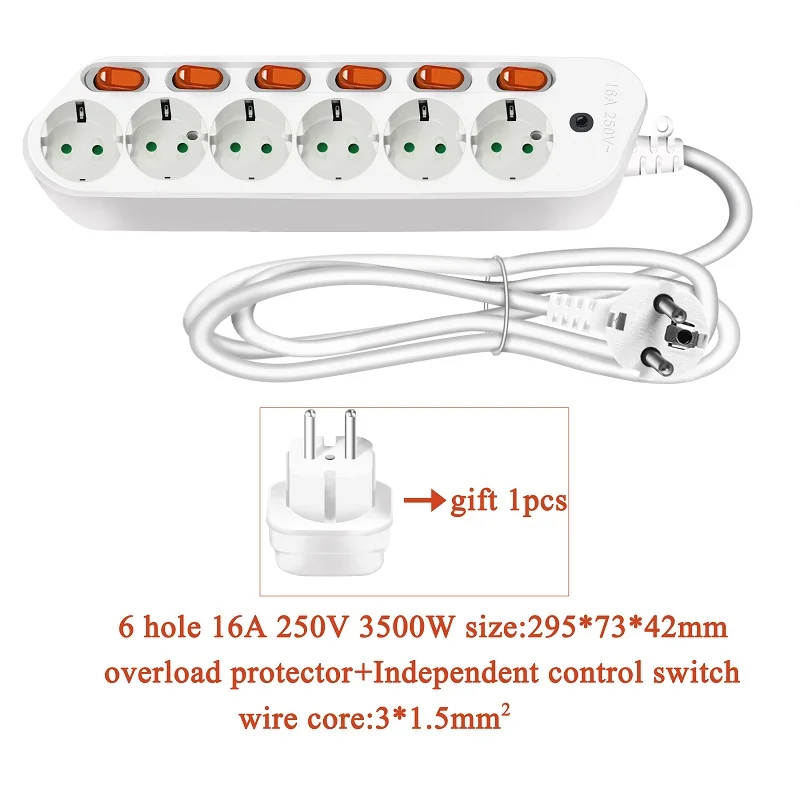 6 AC Output Штепсельная вилка европейского стандарта, 6 розеток, мощность 250 в 16 А, силовая лента, штепсельная вилка европейского стандарта, штепсельная вилка, сетевой адаптер, удлинитель 1,5 м 2,5 м Независимый выключатель - Цвет: 6 AC Output