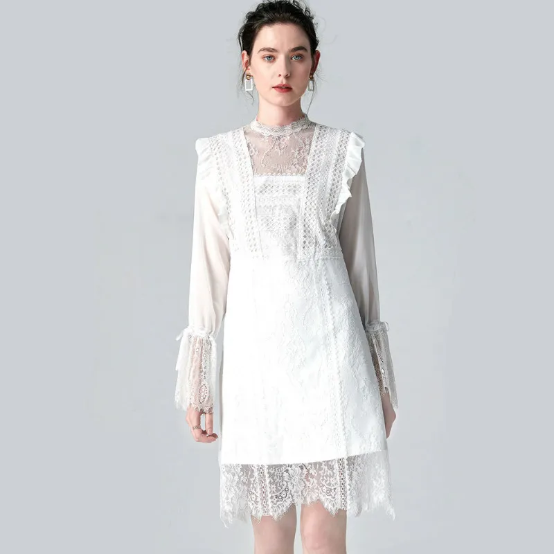 

Женское кружевное платье WQJGR, белое платье с длинными рукавами-фонариками и круглым вырезом размера плюс, весна-лето 2020