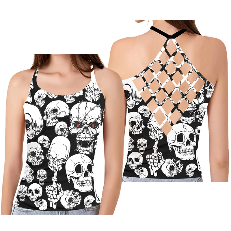 

OGKB White Skull Printed 3D Ladies Hollow Vest Summer Fashion Women's Fitness Tank Tops Casual Famale Sexy Camisole Dropshipping