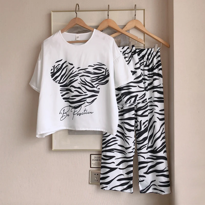 3-piece Set Zebra Stripes Pajamas Women 2021 Causal Ice Silk Pullover Shorts Long Pants Set Homewear Pejamas Sets Outerwear