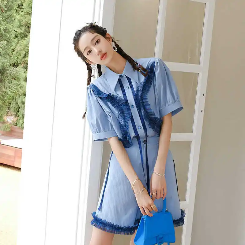 

LANMREM Women Blue Enchantress Shorts Temperament Loose Fit Fashion Tide Summer 2021 New Arrival 2K2176