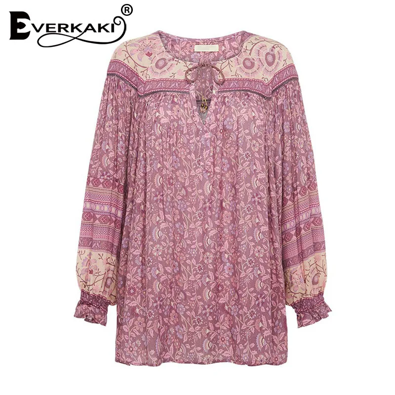 Everkaki Boho блузки с цветочным принтом, Рубашки, Топы, женские, с кисточками, с завязками на шее, с длинными рукавами, винтажные топы, блузки, женские,, Осень-зима - Цвет: Purple