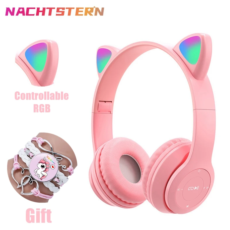  Pink Girl Wireless Headphones RGB Cute Cat Ears Headset With Microphone Noise Cancelling Kid Stereo Music casco Children's Gifts 