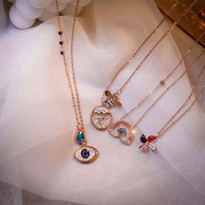 

Devil's Eye Ladies Sweater Chain Sterling Silver New Four-leaf Clover Diamond Platinum Chain Double Ring Rainbow JewelryNecklace