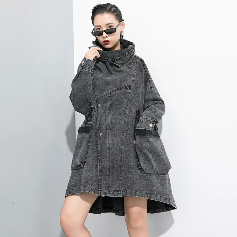 Черный Max LuLu корейская мода винтажная осенняя одежда Дамский джинсовый Тренч женский Водолазка Длинные Пальто Повседневная ветровка плюс размер - Цвет: Черный