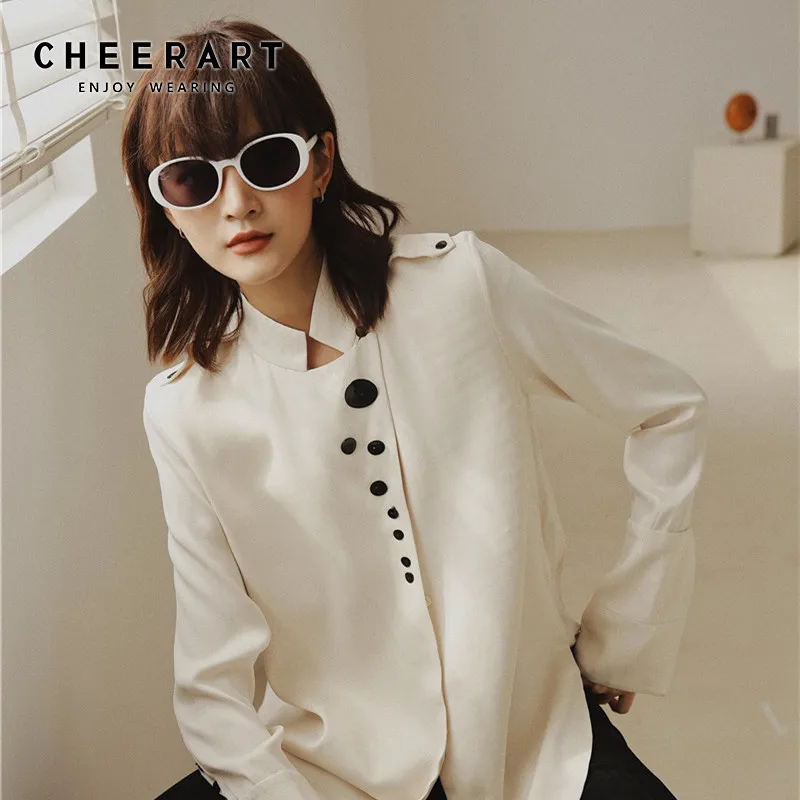 Дизайнерские топы CHEERART атласная блузка с длинным рукавом и пуговицами рубашка